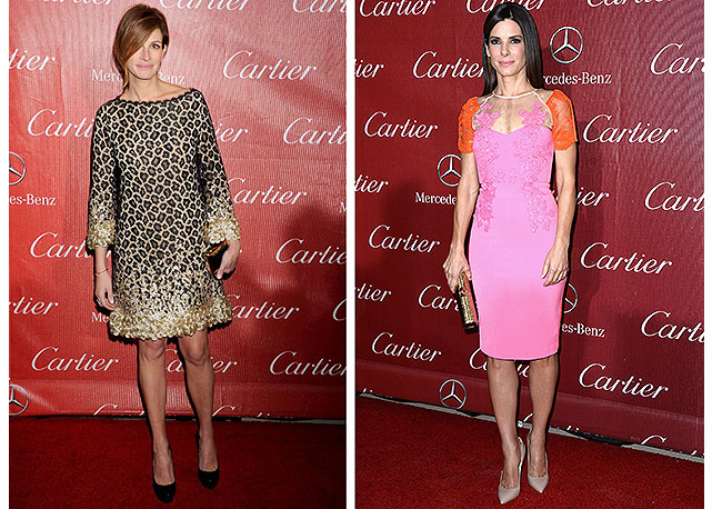 Julia Roberts com animal print da Gucci (à esquerda); e Sandra Bullock e o pink de Alex Perry (à direita) - Fotos: Getty Images