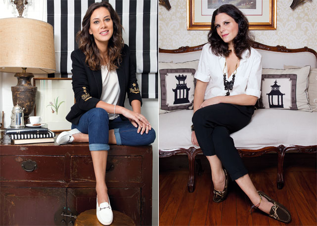 À esq. Julie Montgmory usa mocassins Tod's branco R$1.180 e à dir. Joana Fleury com modelo de seu acervo pessoal - Foto: Reprodução/ Harper's Bazaar