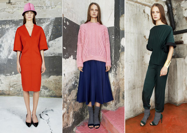 Três looks do pre-fall 2014 da Vionnet pontuado pela cor rosa e os tradicionais pregueados da marca - Fotos: Reprodução