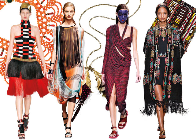 Da esq. pra dir o verão 2014 da Alexander McQueen, Missoni, Givenchy e Valentino. Acessórios: colar LOOL (R$1.329), colar Blue Man e pulseira Chan Luu na LOOL (R$298) - Fotos: Reprodução/Harper's Bazaar