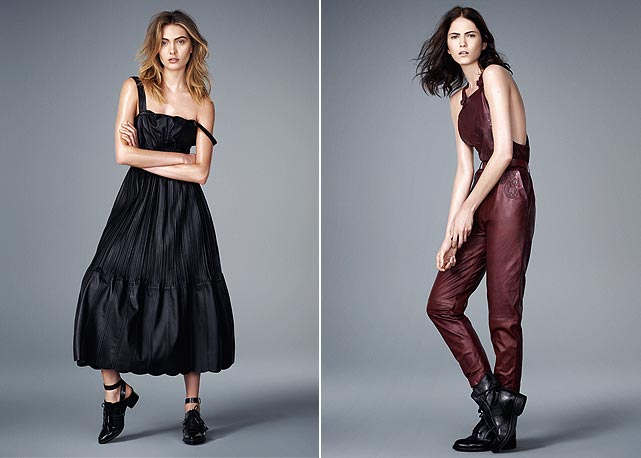 À esquerda, Luana usa vestido, cinto e sapato de Herchcovitch; Alexandre; à direita, Maria Flavia usa macacão de couro Oh Boy! e coturno da UMA - Fotos: reprodução/Harper's Bazaar