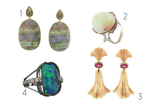 1 -Brincos em ouro 18k, diamante, gota e placa oval de opala matriz; 2 - Anel em ouro branco 18k, diamante e opala; 3 - Brincos em ouro rosa 18k, diamante, turmalina Paraíba rosa oval e leque longo e cabeça de leque de quartzo uva ; 4 - Anel de ouro com banho de ródio negro, diamantes e opala; Preços sob consulta - Fotos: divulgação