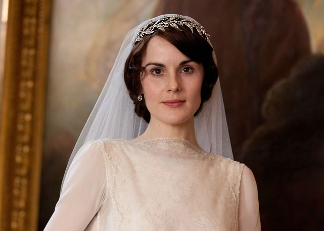 Michelle Dockery no papel de Lady Mary usando a tiara em seu casamento na serie Downton Abbey - Foto:divulgação