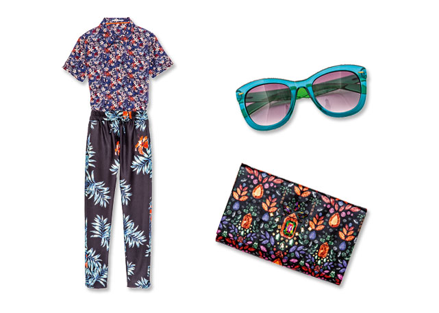 Camisa florida de algodão Galeries Lafayette /Jodhpur (€49,99); óculos de sol de plástico LAFAYETTE SÉLECTION (€49,90) e clutch bordada exclusiva da Osklen (€665) - Foto: Divulgação