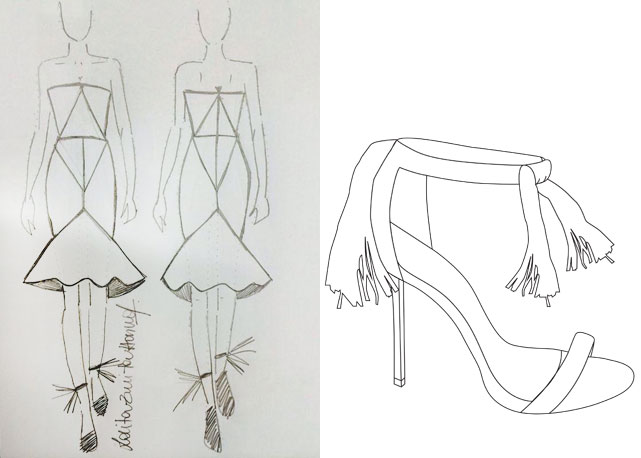 Um dos croquis do verão 2015 da Lolitta e o croqui do modelo criado em parceria com a My Shoes que irá compor os looks na passarela - Fotos: divulgação