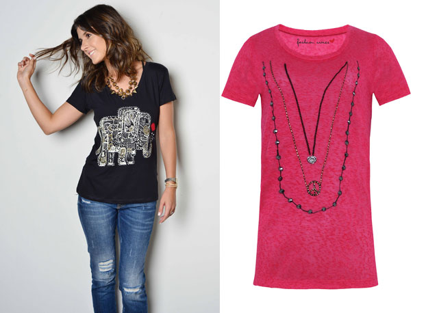 Julie Chermann e algumas das t-shirts que desenvolveu para a C&A - Fotos: Divulgação