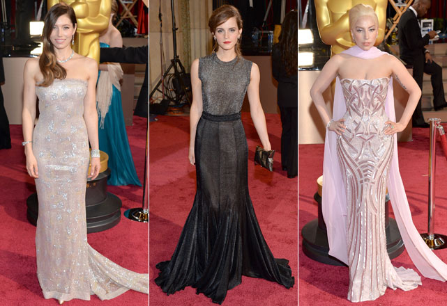 Da esquerda para a direita: Jessica Biel de Chanel Couture, Emma Watson de Vera Wang e Lady Gaga de Atelier Versace - Fotos: Getty Images 