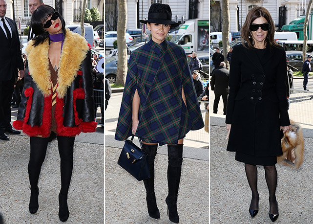 Coats! Rihanna, Miroslava Duma e Carine Roitfeld, da esquerda para a direita - Fotos: Getty Images