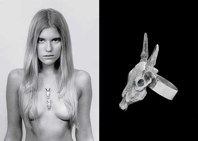 À direita, a modelo inglesa Tigerlily Taylor posa com as joias de Sumitra Dhyan; à esquerda, um dos aneis da coleção (R$ 768) - Fotos: reprodução/Harper's Bazaar