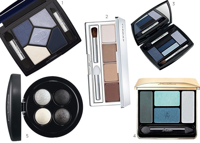 1 - Sombras Dior 5 Couleurs Designer, cor Navy Design (R$263); 2 - SombrasClinique Colour Surge Eye, cor Teddy Bear (R$159); 3 - Sombras Lancôme, Hypnôse Drama Eye, cor Bain de Minuit (259); 4 - Sombras Erin da Guerlain, cor Les Aqua (R$251); 5 - Sombras Mineralize da M.A.C, cor A walt of Gray (R$163); todos na Sephora - Fotos: reprodução