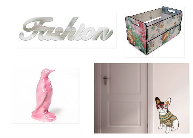 Achados Bazaar! Em sentido horário: painel fashion espelhado (R$149), caixote de feira mini rosas (R$99), adesivo de parede fashion pet (39,90) e pinguim rosa (R$115) - Fotos: Reprodução