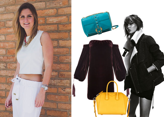 Julia Duarte: bolsa azul Paula Cademartori e amarela Givenchy (preço sob consulta), vestido Talie NK (R$2.900) e look Iro - Fotos: Reprodução/Harper's Bazaar