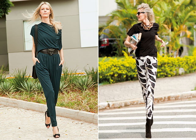 À esquerda, Dani usa camiseta Zara; e calça DVF de seu acervo pessoal; óculos Ray-Ban; colar Lanvin; e botas Capodarte, tudo de seu acervo pessoal. À direita, macacão e cinto Lanvin; bolsa Zara; e sapatos Christian Louboutin, tudo de seu acervo pessoal - Fotos: Erico Toscano/Harper's Bazaar