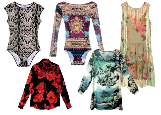 As estampas que fazem a fama da Tigresse. Na fileira de cima da esquerda para à direita: body de oncinha (R$498), body com estampa de lenço (R$499), vestido loral (R$960). Na fileira de baixo, da esquerda para à direita: camisa de rosas (R$869) e vestido estampado (R$989) - Fotos: divulgação