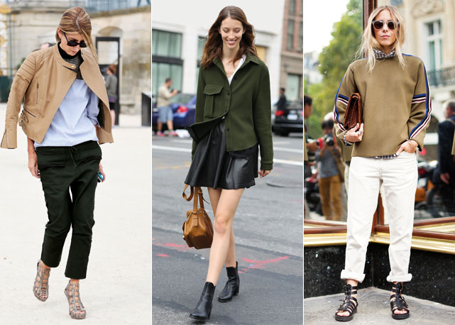 Sandálias tipo gladiadora e botinhas tipo Chelsea completam o look militar - Fotos: Reprodução/Harper's Bazaar