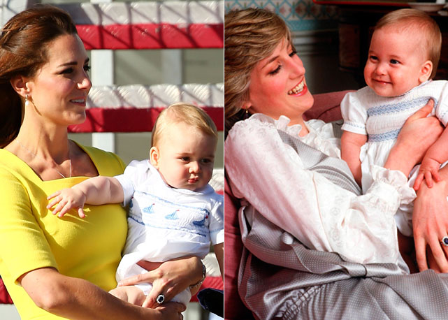 Na imagem à esquerda Kate Middleton com Príncipe George e á direita a princesa Diana com príncipe william em uma seção de fotos no palácio de Kensington em 1983 - Fotos: Getty Images/reprodução