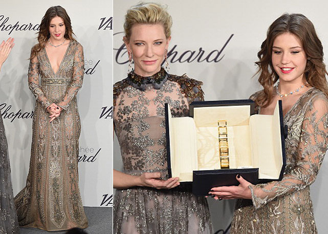 Adèle Exarchopoulos, usa Valentino e joias Chopard. Na imagem à direita, ela recebendo o prêmio de Cate Blanchett - Fotos: Getty Images