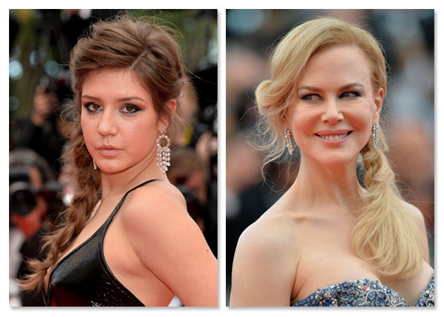Adele Exarchopoulos e Nicole Kidman optaram pelos cabelos trançados, mas sem deixar de lado o repartido de lado - Foto: Getty Images