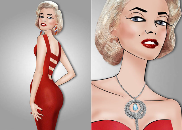 Á esquerda, vestido Altuzarra; à direita, colar Bulgari - Foto: reprodução