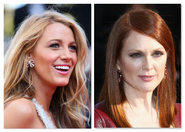Blake Lively e Julianne Moore deixaram os fios soltos, mas o detalhe lateral também foia escolha delas - Fotos: Getty Images