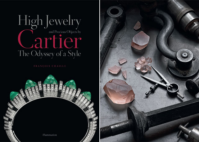 À esquerda, a capa do livro; à direita, anel de ouro rosa, morganita esculpida e brilhantes sendo desenvolvido na oficina da marca - Foto: reprodução/Harper's Bazaar