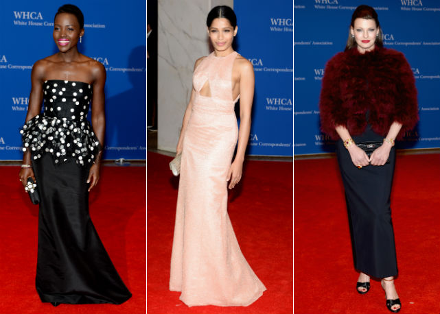 Lupita Nyong'o de Oscar De La Renta, Freida Pinto de Takoon e Linda Evangelista que chamou a atenção com seu casaco de pele vermelho - Fotos: Getty Images 