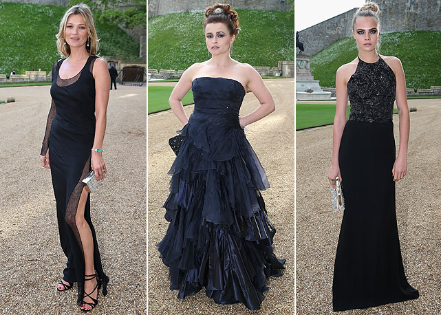 Da esquerda para a direita, elas vão de "all black": Kate Moss, Helena Bonham Carter e Cara Delevingne - Fotos: Getty Images