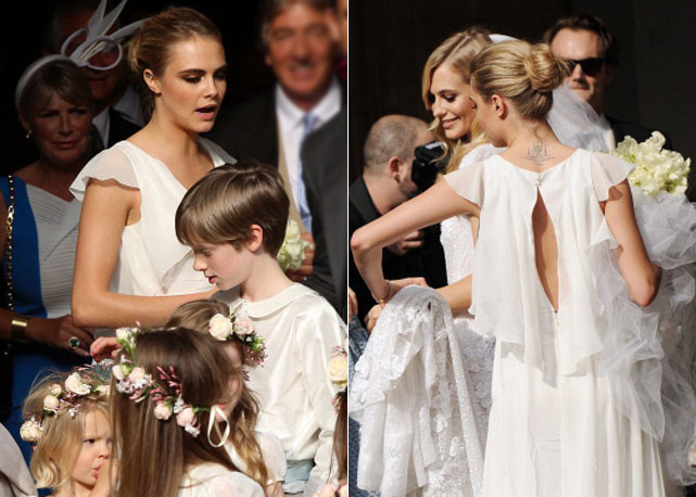 Madrinha da irmã, a modelo Cara ajuda a noiva com o véu, ao mesmo tempo em que aguarda a entrada ao lado das daminhas e pagens - Fotos: Getty Images