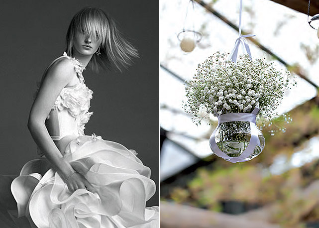 A ideia é da decoradora Roberta Gouveia, que aposta nos mosquitinhos com tudo. Á direita, ela pendura no teto bowls de vidro com as miniflores, como se fossem lamparinas - Foto: reprodução/Harper's Bazaar
