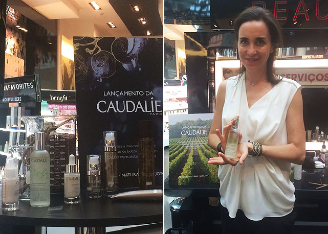Mathilde Thomas, fundadora da Caudalíe, e o novo display da marca na Sephora do shopping Eldorado - Fotos: Anna Del Mar/Harper's Bazaar