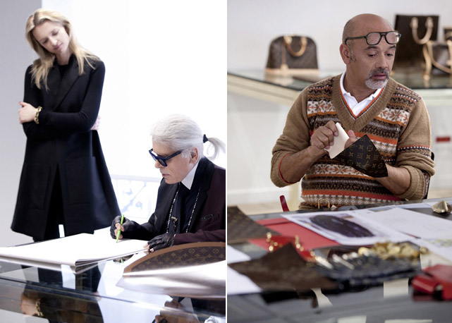 À esquerda, Delphone Arnault assiste Karl Lagerfeld em seu processo criativo; à direita,Christian Louboutin - Fotos: reprodução