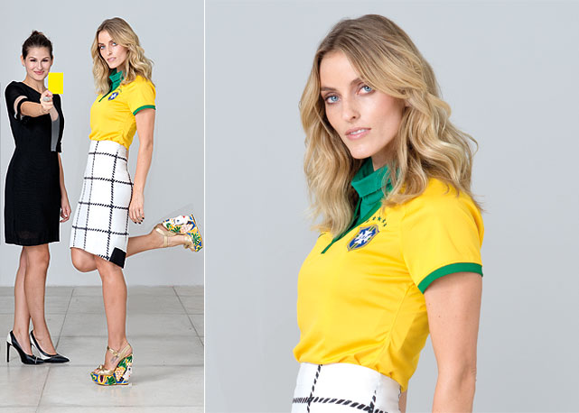 Marina (à dir.) veste gola, R$ 879, e saia, R$ 567, Osklen. Sandálias, R$ 11.220, Dolce & Gabbana, em look com a camisa do uniforme titular do Brasil (R$ 200) proposto por Alexandra - Foto:Nicole Fialdini/Harper's Bazaar Brasil