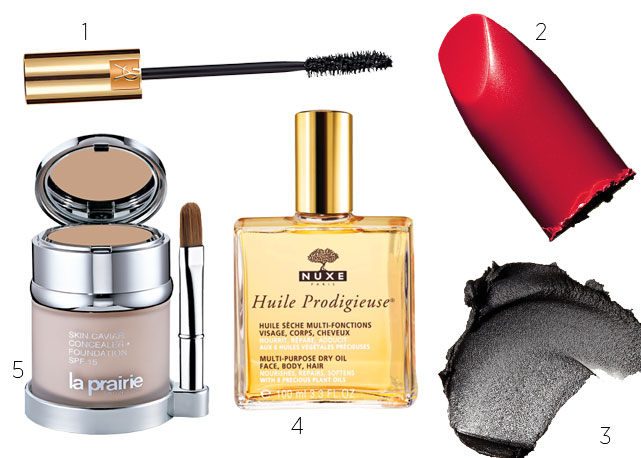 1. Volume Effet Faux Cils Shocking (R$ 185), Yves Saint Laurent; 2. Ruby Woo (R$ 66), M.A.C; 3. Eye Paint Black Valley (R$ 105), Nars; 4. Huile Prodigieuse (R$ 165, 100ml), Nuxe; 5. Anti-Aging Foundation Cellular Emulsion (R$ 895), La Prairie – Fotos:divulgação