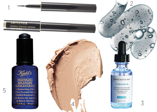  1. Artliner Noir (R$ 199), Lancôme; 2. Olive Fruit Oil Nourishing Shampoo (R$ 77), Kiehl’s; 3. Sérum Hydrating B5, Skinceuticals; 4. Concealer, Serge Lutens 5. Midnight Recovey Concentrate for Eyes (R$ 158) Kiehl’s – Fotos:divulgação