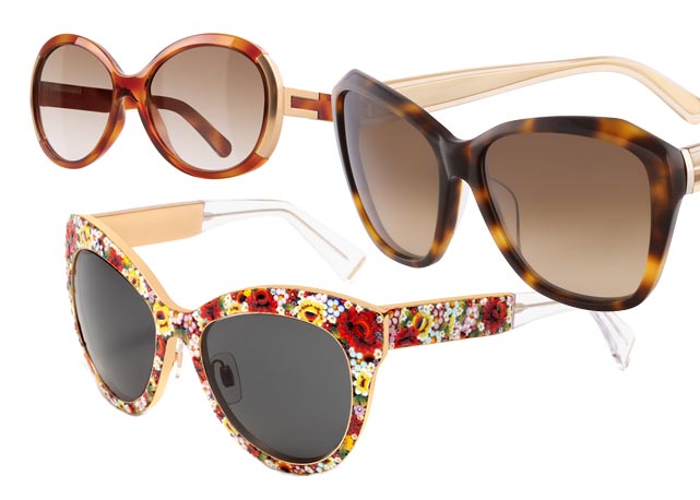 No topo à esquerda, óculos Chloé, na sequência peça Calvin Klein Collection. A peça florida é da coleção mosaico da Dolce & Gabbana - Foto: divulgação 