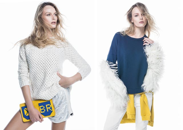 Trico branco MNG (R$ 259) e moletons azul e amarelo Sommer (R$ 125, cada) - Foto: reprodução/harpers Bazaar