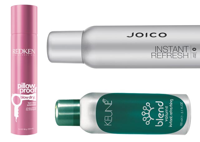Em pé, o Pillow Proof Two Day (R$ 105), da Redken, pode ser usado nos fios secos ou molhados, para dar textura; No frasco verde, o Volume Instant Refreshing (R$ 99), da Keune, é o melhor aliado para acabar com a oleosidade do cabelo; Por não ter talco na fórmula, o Instant Refresh Dry Shampooo (R$ 180), da Joico, não deixa os fios brancos - Foto: divulgação