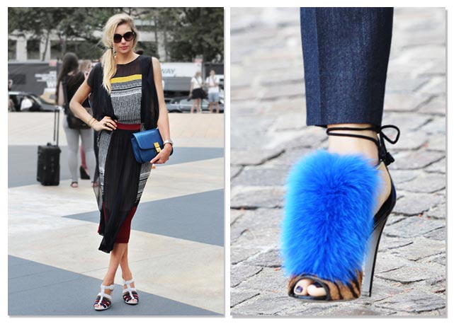 Azul pontual na bolsa Chloé e na sandália Sergio Rossi - Fotos: reprodução