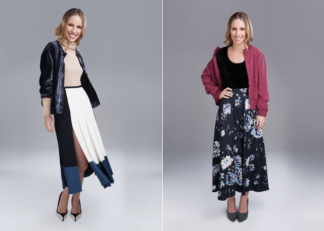 À esq. Maria veste saia R$1.282, tricô R$1.188, bomber R$1.372 e sapatos R$882, tudo Cris Barros. À dir. saia R$1.282, body R$534 e bomber R$986, Cris Barros - Fotos: Reprodução/Harper's Bazaar