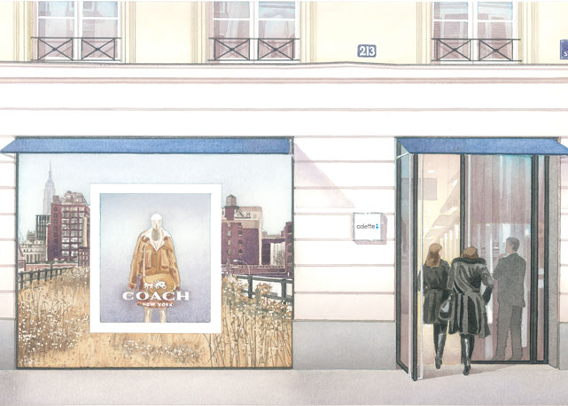 Um croqui da vitrine da Coach na Colette - Foto:divulgação