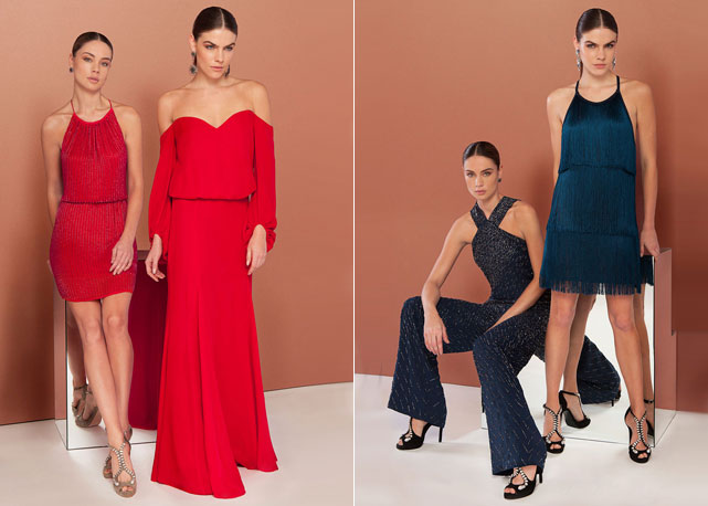 Na imagens à esquerda, vestido Wish curto (R$1.998) e vestido Cameron (R$2.958) e na imagem a direita, jumper bordado (R$2.219) e vestido Color Fringes (R$1.798) - Fotos:divulgação