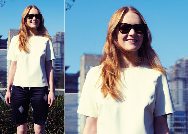 Francesca usa bermuda, R$ 1.247, Vitorino Campos. Top, R$ 2.120, Talie NK e óculos Ray Ban - Foto:Thiago Justo/ Harper's Bazaar Brasil
