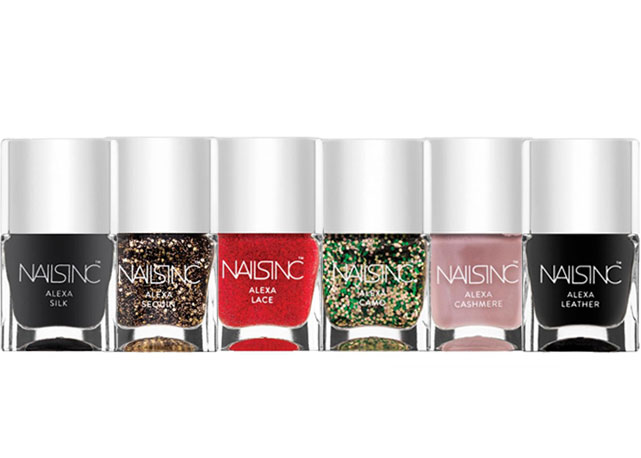 Da esquerda para à direita, os esmaltes da linha Alexa Manicure: Silk, Sequins, Lace, Camo, Cashemre e Leather - Fotos:reprodução