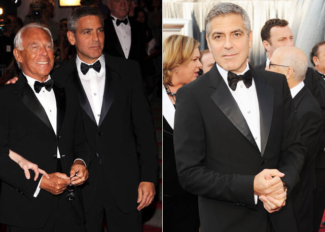 George com Armani em 2005, à esquerda; e usando um look do estilista, na edição 2014 do Oscar - Fotos: Getty Images