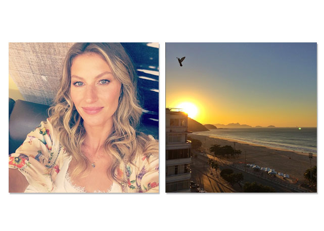 Gisele Bündchen posta self antes de entrar no programa de Ana Maria Braga; no clique da direita, a vista da top no Rio de Janeiro - Foto: reprodução