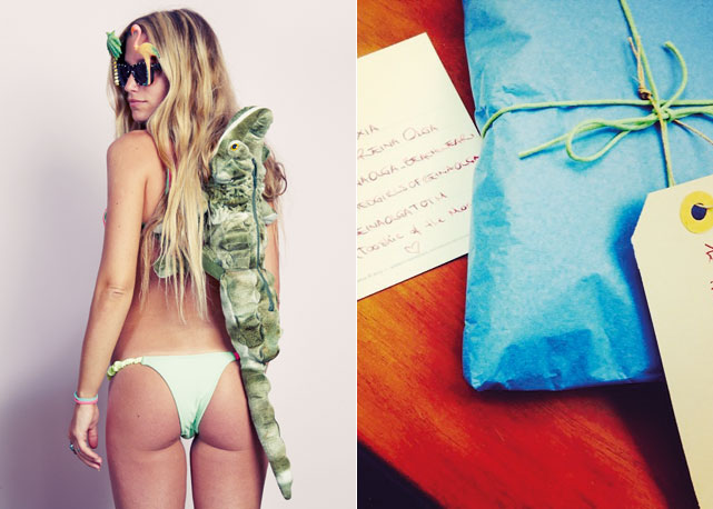 Guia com o modelo Scrunchie, US$118 (cerca de R$270) e à direita a embalagem personalizada da ReinaOlga - Fotos:reprodução