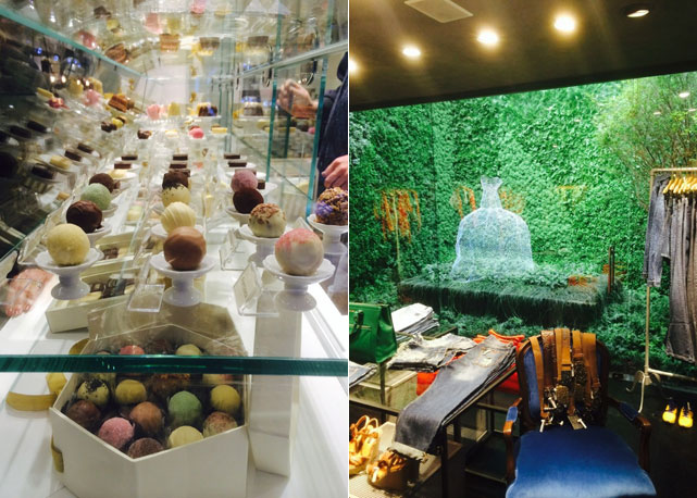 À esquerda a vitrine de doces da Pati Piva e a direita um dos espaços dedicado à coleção feminina - Fotos:divulgação