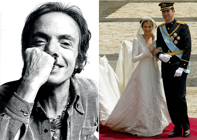 À esquerda, o estilista espanhol Manuel Pertegaz; à direita, cena do casamento de Letizia e Felipe - Fotos: reprodução e Getty Images