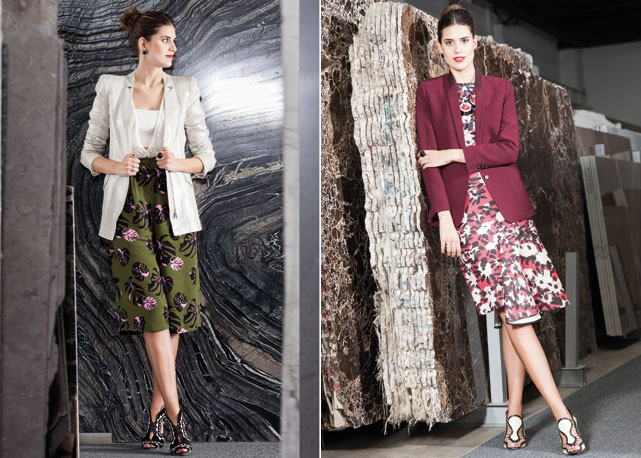 À esquerda, Mariana usa blazer Mackage, body Daslu, bermuda Topshop, brincos Jack Vartanian e anel LOOL; à direita, blazer The Kooples, top e saia Marni e sandálias Nicholas Kirkwood - Foto: reprodução/Harper's Bazaar