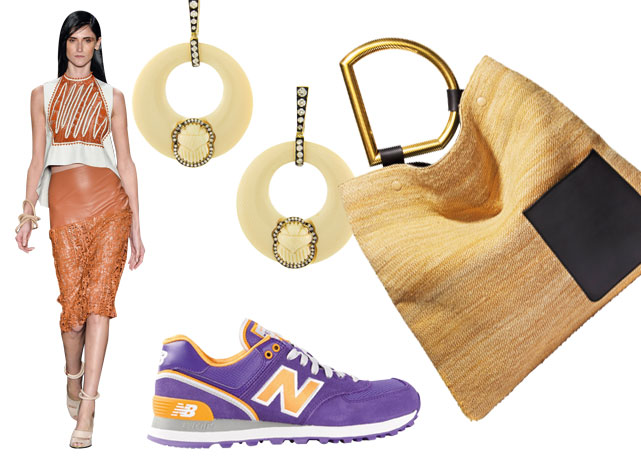 Looks da passarela do verão 2015 da Animale; brincos Silvia Furmanovich (R$29 mil); bolsa Cèline; e tênis New Balance (R$427) - Fotos:divulgação